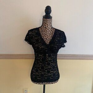 Ann Taylor Women's Black Lace‎ Beaded Cap Sleeve Top Lined K6
